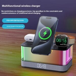 Enceinte Bluetooth de Bureau avec Horloge, Lumière d'Ambiance & Chargeur Sans Fil Magnétique