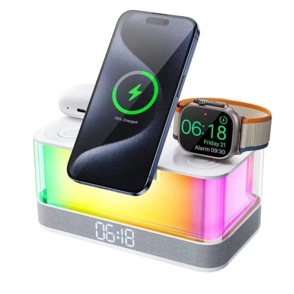 Enceinte Bluetooth de Bureau avec Horloge, Lumière d'Ambiance & Chargeur Sans Fil Magnétique – Image 5